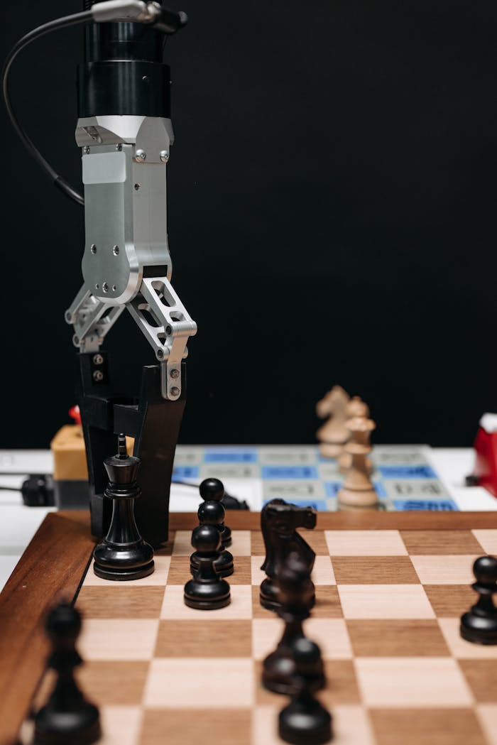 A robotic arm playing chess, highlighting technology and strategy.